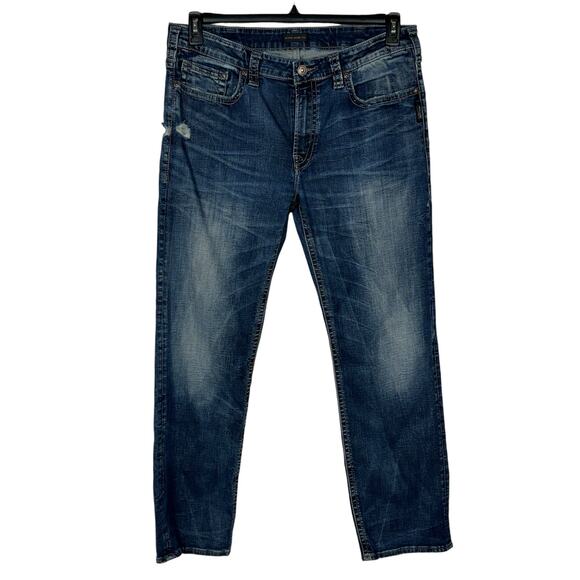Silver Men’s SZ W36/L32 Grayson Jeans Distressed Stretch Whiskered Zip-Fly Blue - Picture 1 of 12